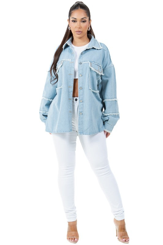 Serenity Oversized Frayed Denim Shirt in LIGHT BLUE - slim fit, oversized - alternate view