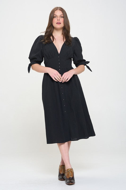 Serenity Textured Button-Down Midi Dress in BLACK - v neck, cropped - alternate view