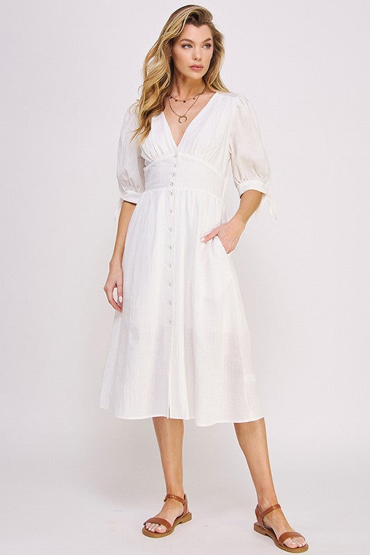 Serenity Textured Button-Down Midi Dress in OFF WHITE - v neck, cropped - front view