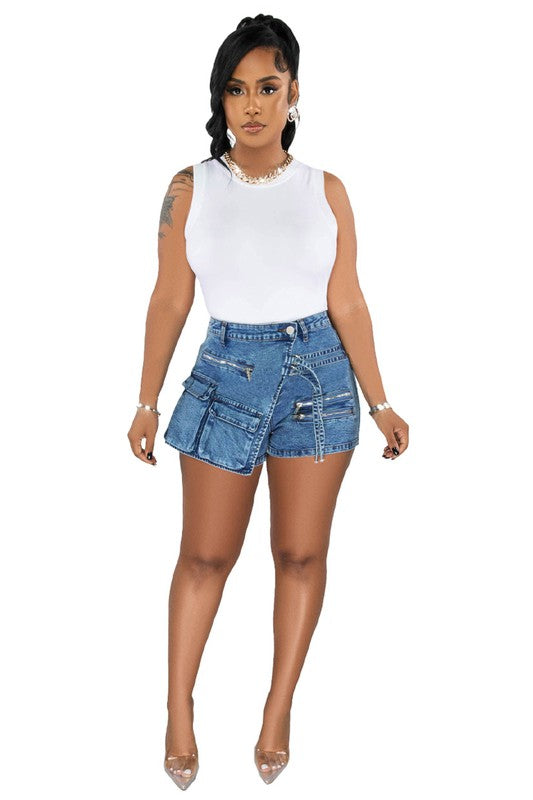 SEXY FASHION CARGO STYLE DENIM SHORT in BLUE - high waist, pocket - alternate view