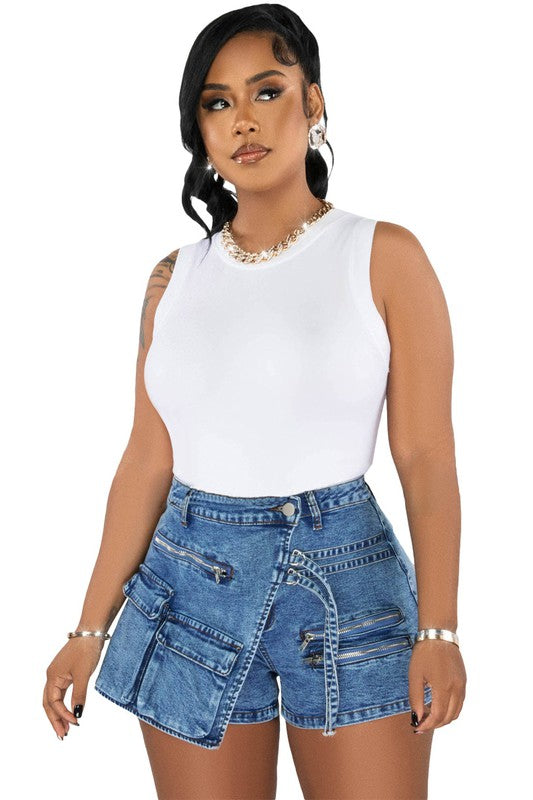 SEXY FASHION CARGO STYLE DENIM SHORT in BLUE - high waist, pocket - view 4