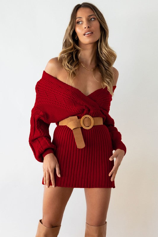 SEXY SWEATERS FASHION DRESS in BURGUNDY - v neck - front view