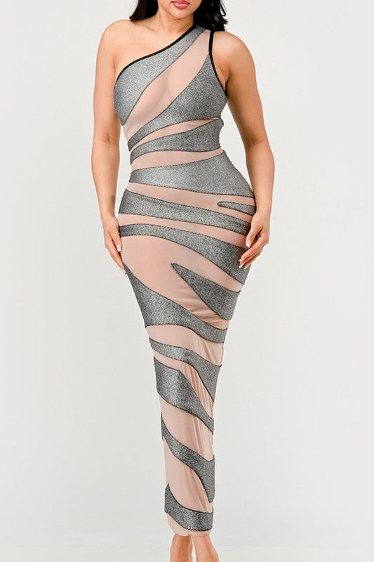 Shimmer Illusion One-Shoulder Bandage Midi Dress in SILVER/NUDE - mini - front view