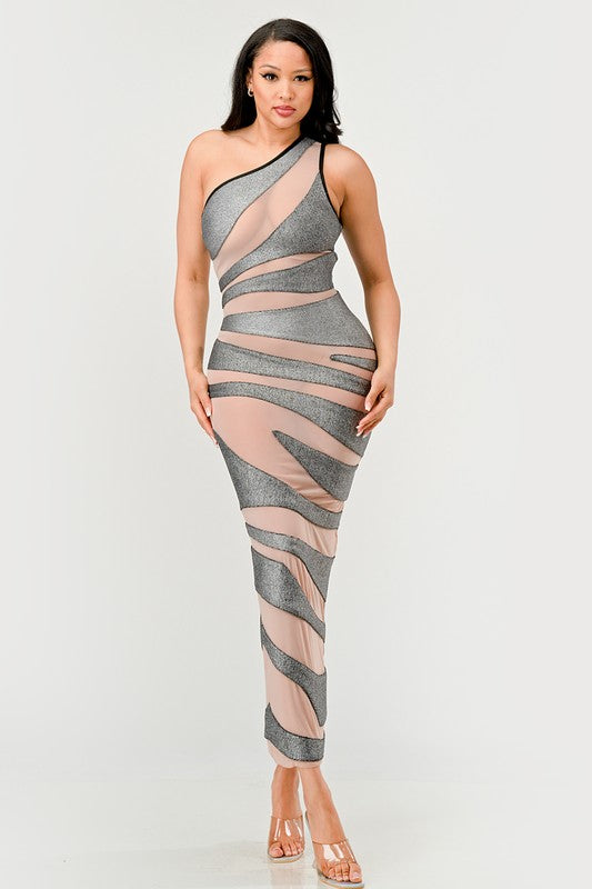 Shimmer Illusion One-Shoulder Bandage Midi Dress in SILVER/NUDE - mini - alternate view