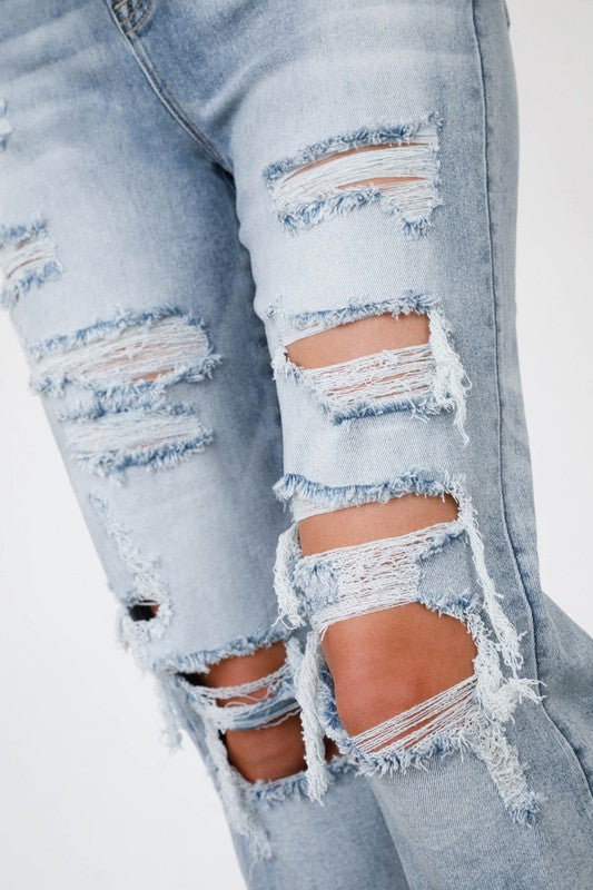 Skyline Distressed High Rise Girlfriend Jeans in LIGHT - denim, pockets - view 10