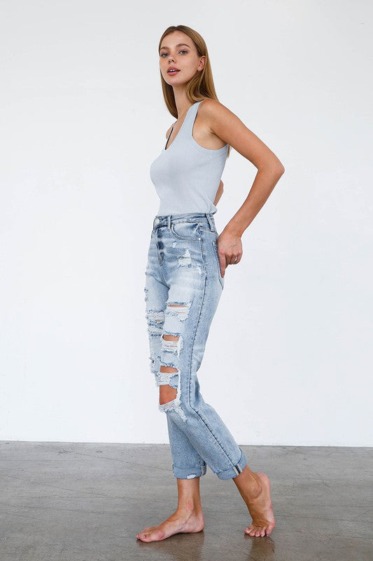 Skyline Distressed High Rise Girlfriend Jeans in LIGHT - denim, pockets - view 12