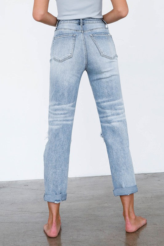 Skyline Distressed High Rise Girlfriend Jeans in LIGHT - denim, pockets - view 24