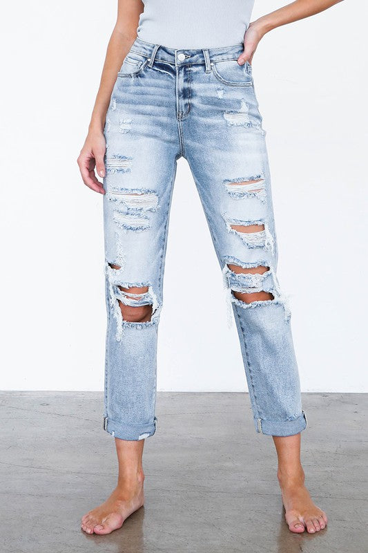 Skyline Distressed High Rise Girlfriend Jeans in LIGHT - denim, pockets - view 27