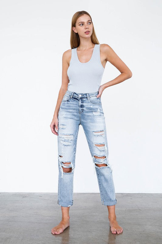 Skyline Distressed High Rise Girlfriend Jeans in LIGHT - denim, pockets - detail view