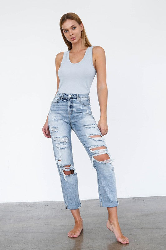 Skyline Distressed High Rise Girlfriend Jeans in LIGHT - denim, pockets - view 4