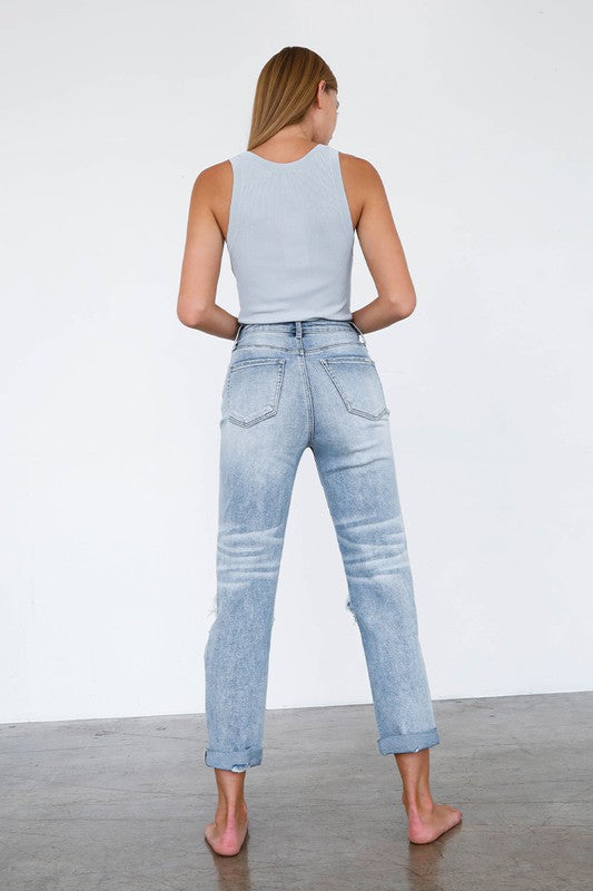 Skyline Distressed High Rise Girlfriend Jeans in LIGHT - denim, pockets - view 5