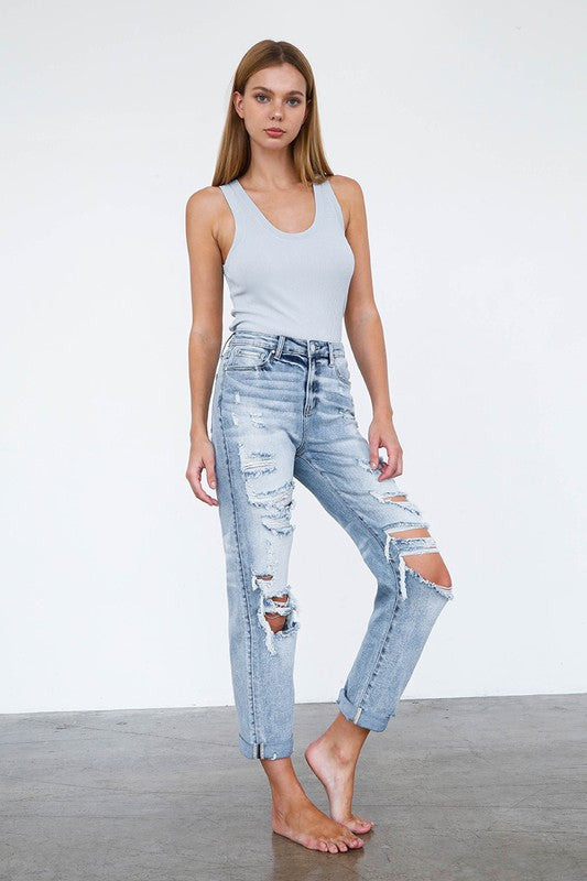 Skyline Distressed High Rise Girlfriend Jeans in LIGHT - denim, pockets - view 6