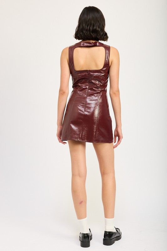 SQUARED NECK LEATHER MINI DRESS WITH OPEN BACK in WINE - view 7