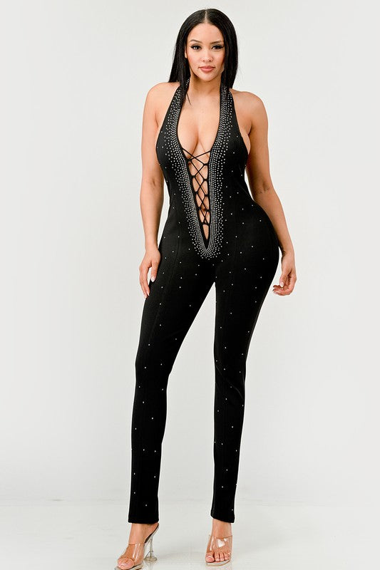 Stellar Strut Embellished Halter Lace-Up Jumpsuit - mini, bodycon - front view