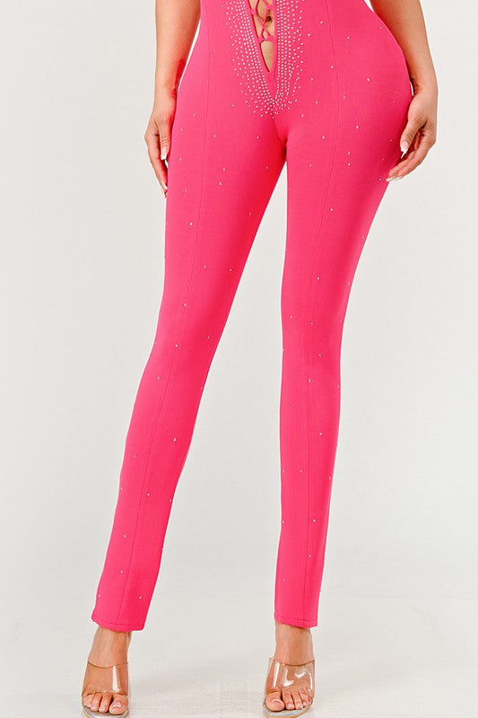 Stellar Strut Embellished Halter Lace-Up Jumpsuit - mini, bodycon - view 15