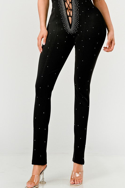 Stellar Strut Embellished Halter Lace-Up Jumpsuit - mini, bodycon - view 18