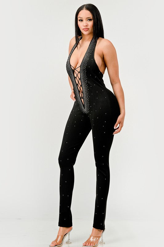 Stellar Strut Embellished Halter Lace-Up Jumpsuit - mini, bodycon - detail view