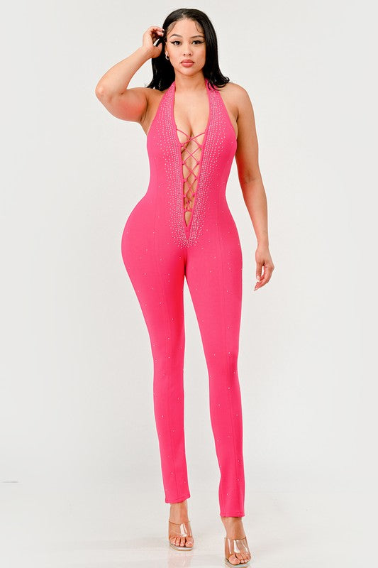 Stellar Strut Embellished Halter Lace-Up Jumpsuit in PINK - mini, bodycon - view 9