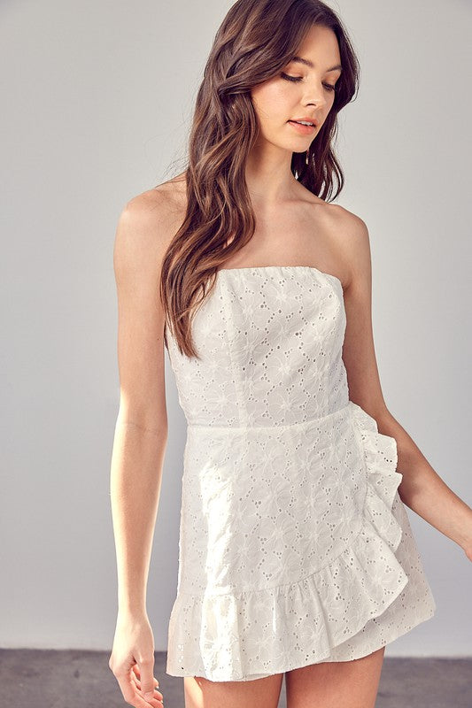 Strapless Eyelet Ruffle Romper With Cotton Embroidery in WHITE - relaxed fit, mini - front view