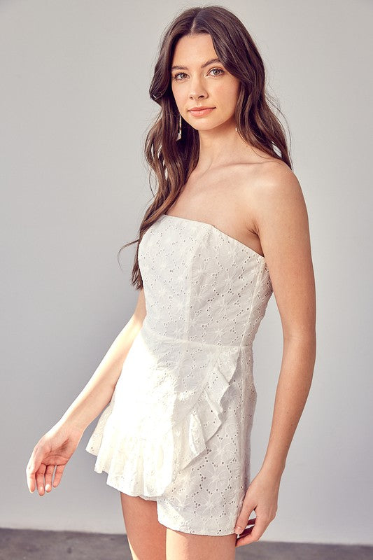 Strapless Eyelet Ruffle Romper With Cotton Embroidery in WHITE - relaxed fit, mini - alternate view