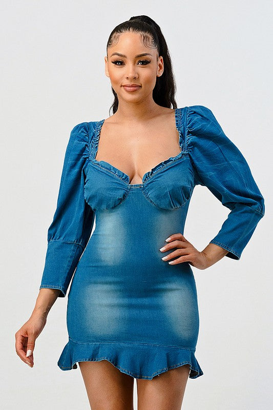 Sweetheart Ruffle Mini Denim Dress With Puff Sleeves in Denim Blue - mini, ruffle - alternate view