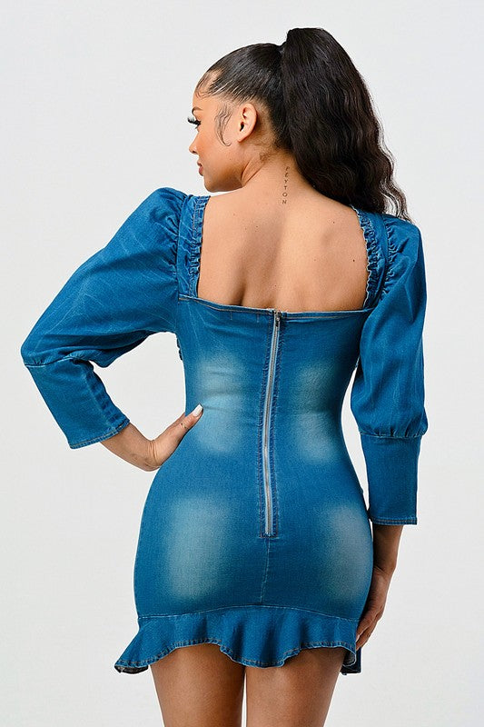 Sweetheart Ruffle Mini Denim Dress With Puff Sleeves in Denim Blue - mini, ruffle - view 8