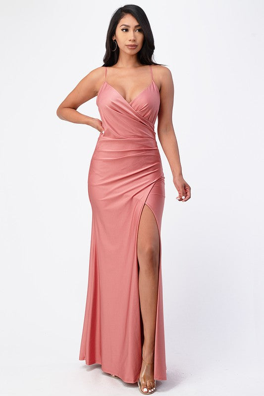 Tara Pleated Overlap Evening Gown | Elegant Formal Dress in Rust Rose - v neck, mini - view 73