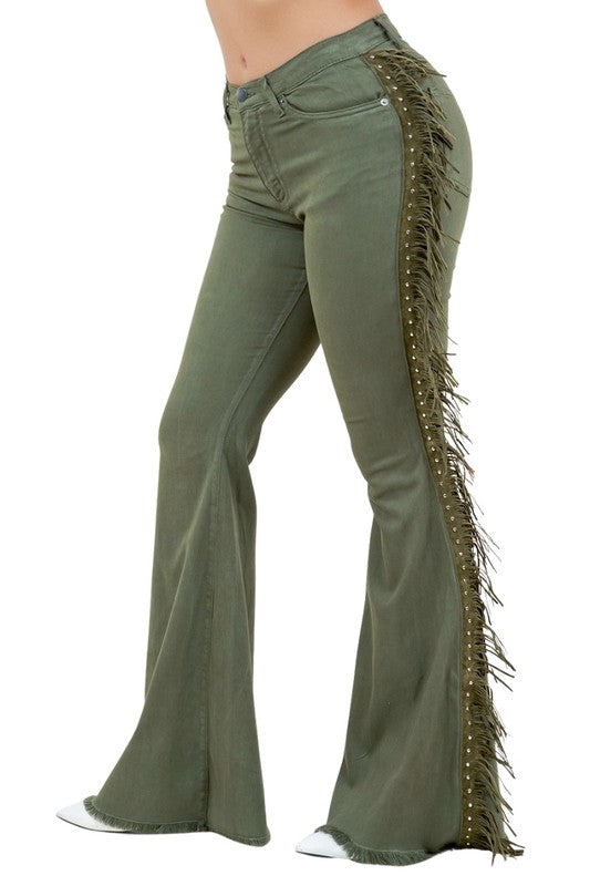 Texas Sun Bell Bottom Jeans - High Rise Fringe Denim - 32" Inseam in olive - cropped, denim - front view