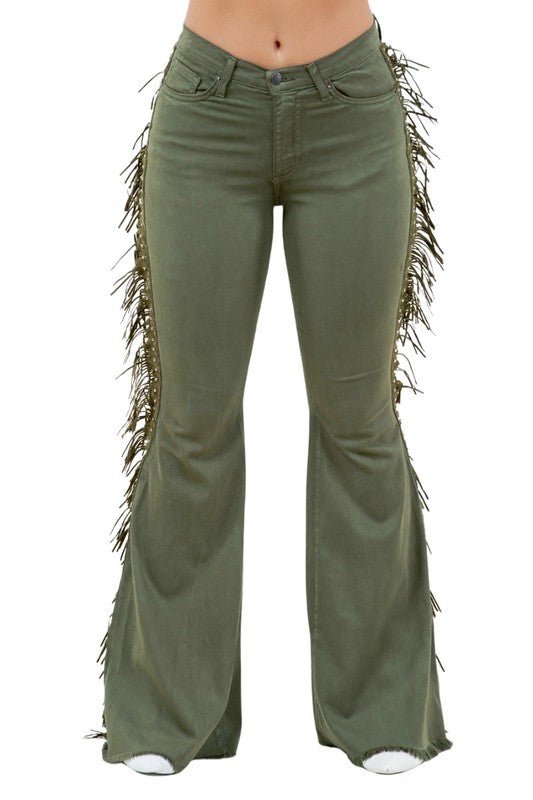 Texas Sun Bell Bottom Jeans - High Rise Fringe Denim - 32" Inseam in olive - cropped, denim - alternate view