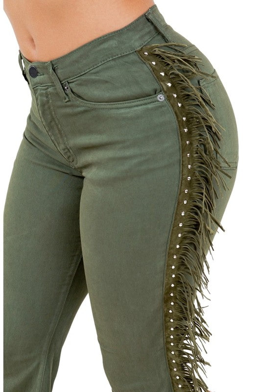 Texas Sun Bell Bottom Jeans - High Rise Fringe Denim - 32" Inseam in olive - cropped, denim - detail view