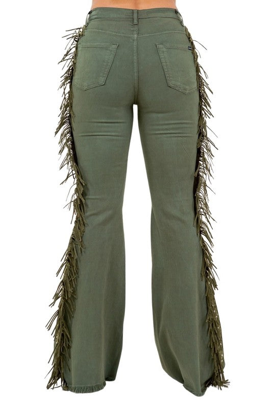 Texas Sun Bell Bottom Jeans - High Rise Fringe Denim - 32" Inseam in olive - cropped, denim - view 4