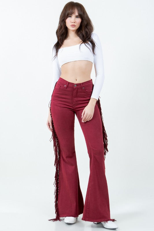 Texas Sun Fringe Bell Bottom Jeans - High Rise Statement Denim in burgundy - sweater, lace - alternate view