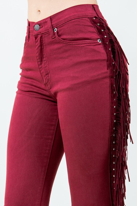 Texas Sun Fringe Bell Bottom Jeans - High Rise Statement Denim in burgundy - sweater, lace - detail view