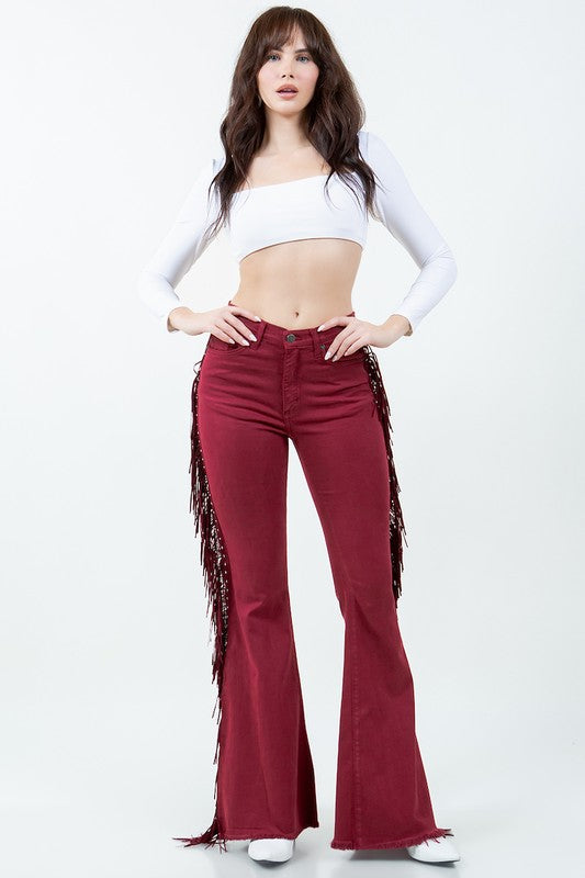 Texas Sun Fringe Bell Bottom Jeans - High Rise Statement Denim in burgundy - sweater, lace - view 5
