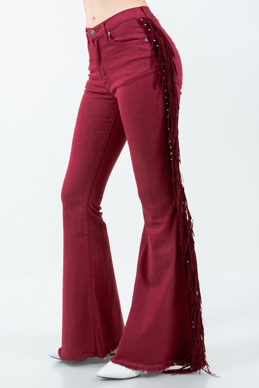 Texas Sun Fringe Bell Bottom Jeans - USA Made High Rise Denim in Burgundy - denim, pockets - front view