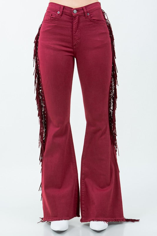 Texas Sun Fringe Bell Bottom Jeans - USA Made High Rise Denim in Burgundy - denim, pockets - view 4