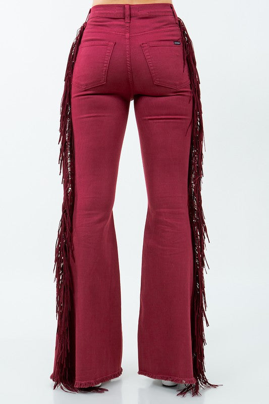 Texas Sun Fringe Bell Bottom Jeans - USA Made High Rise Denim in Burgundy - denim, pockets - view 6