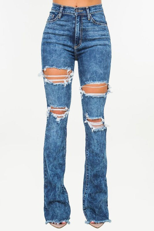 Thania High Rise Distressed Boot Cut Jeans | USA Made in blue - denim, pocket - front view