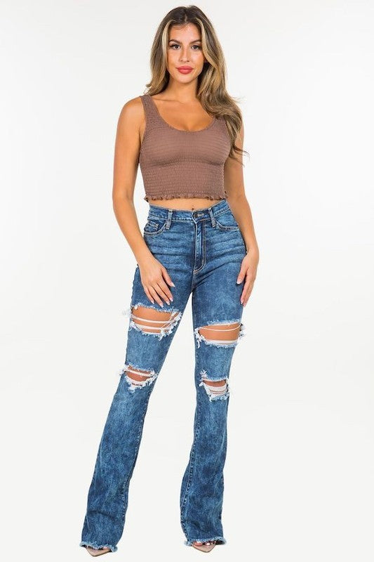 Thania High Rise Distressed Boot Cut Jeans | USA Made in blue - denim, pocket - detail view