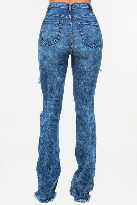 Thania High Rise Distressed Boot Cut Jeans | USA Made in blue - denim, pocket - view 4
