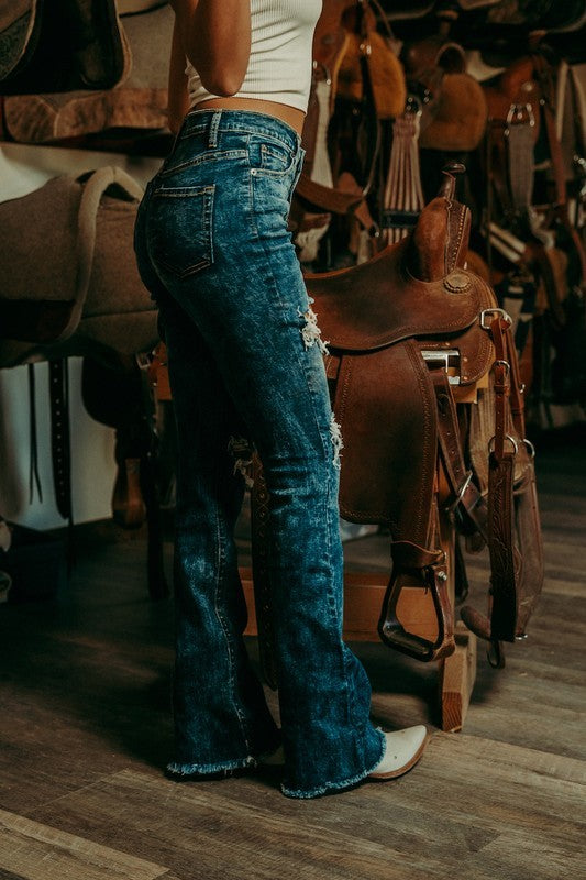 Thania High Rise Distressed Boot Cut Jeans | USA Made in blue - denim, pocket - view 5