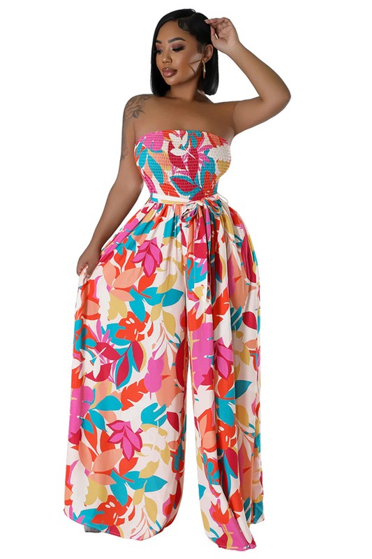 Tropical Breeze Strapless Wide Leg Jumpsuit in RED MULTI - cropped, wide leg - front view
