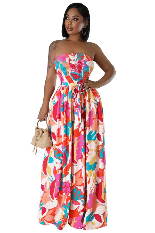 Tropical Breeze Strapless Wide Leg Jumpsuit in RED MULTI - cropped, wide leg - alternate view