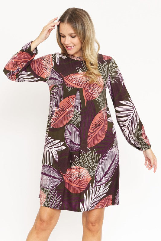 Tropical Foliage High Waist Pleated Dress in mauve pink - mini, high waist - front view