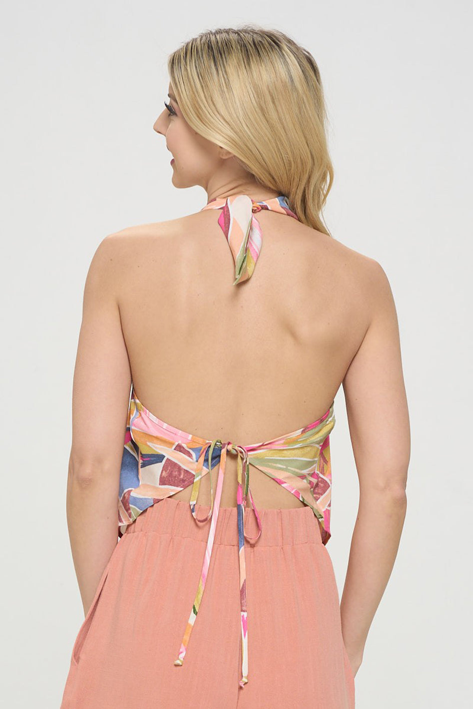 Tropicana Halter Backless Top | American-Made Rayon Blouse in PK - high waist - detail view