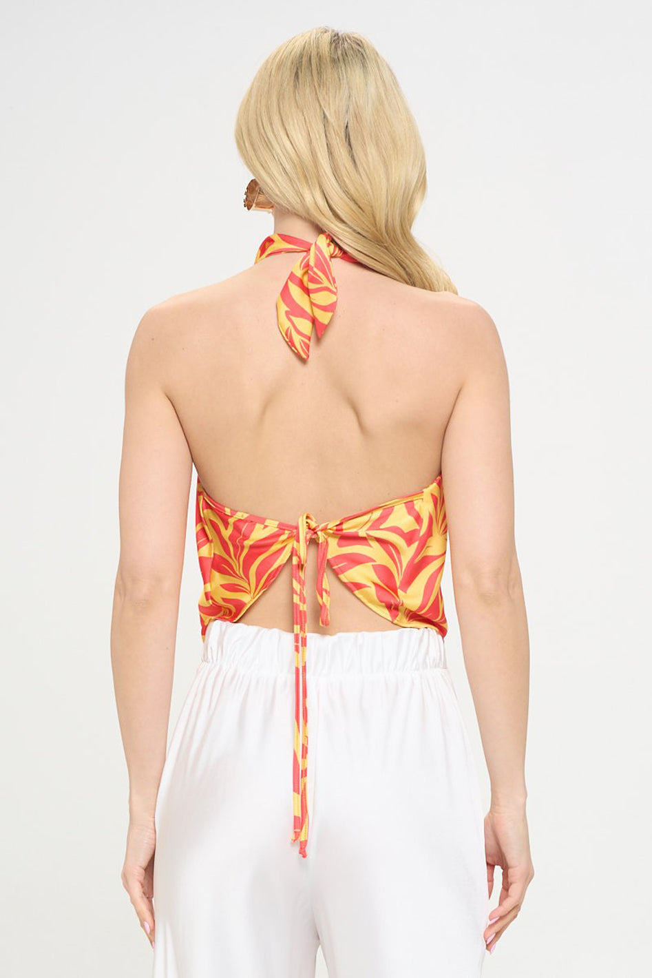 Tropicana Satin Cowl Neck Backless Halter Top in Coral/Yellow - high waist, denim - view 4