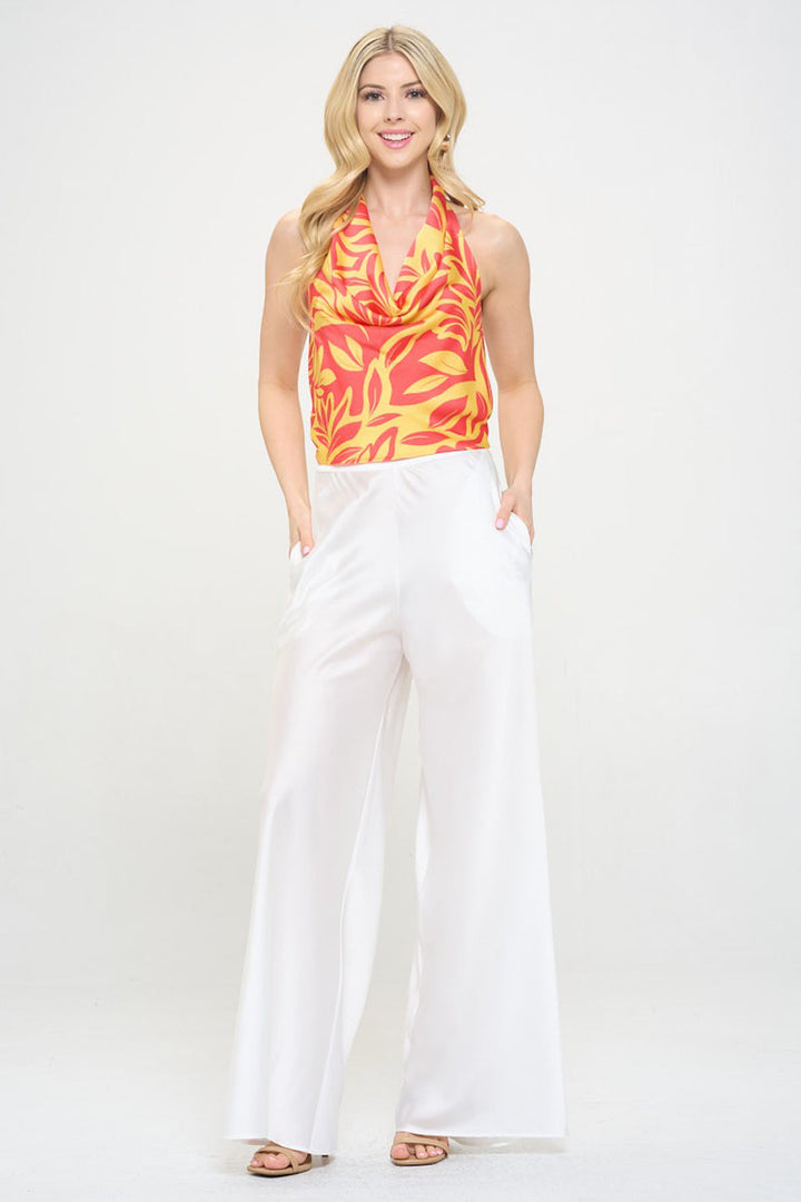 Tropicana Satin Cowl Neck Backless Halter Top in Coral/Yellow - high waist, denim - view 5