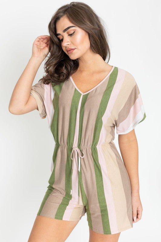 Valencia Stripe Surplice Romper With Drawstring Waist in olive - v neck, mini - front view