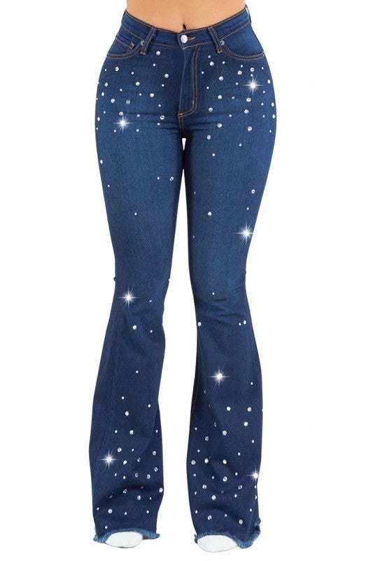 Vegas Glam Rhinestone Bell Bottom Jeans - High Rise in dark wash - button front, mini - front view