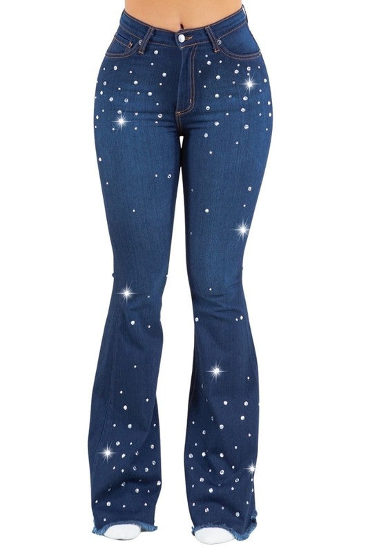 Vegas Glam Rhinestone Bell Bottom Jeans - High Rise in dark wash - button front, mini - front view